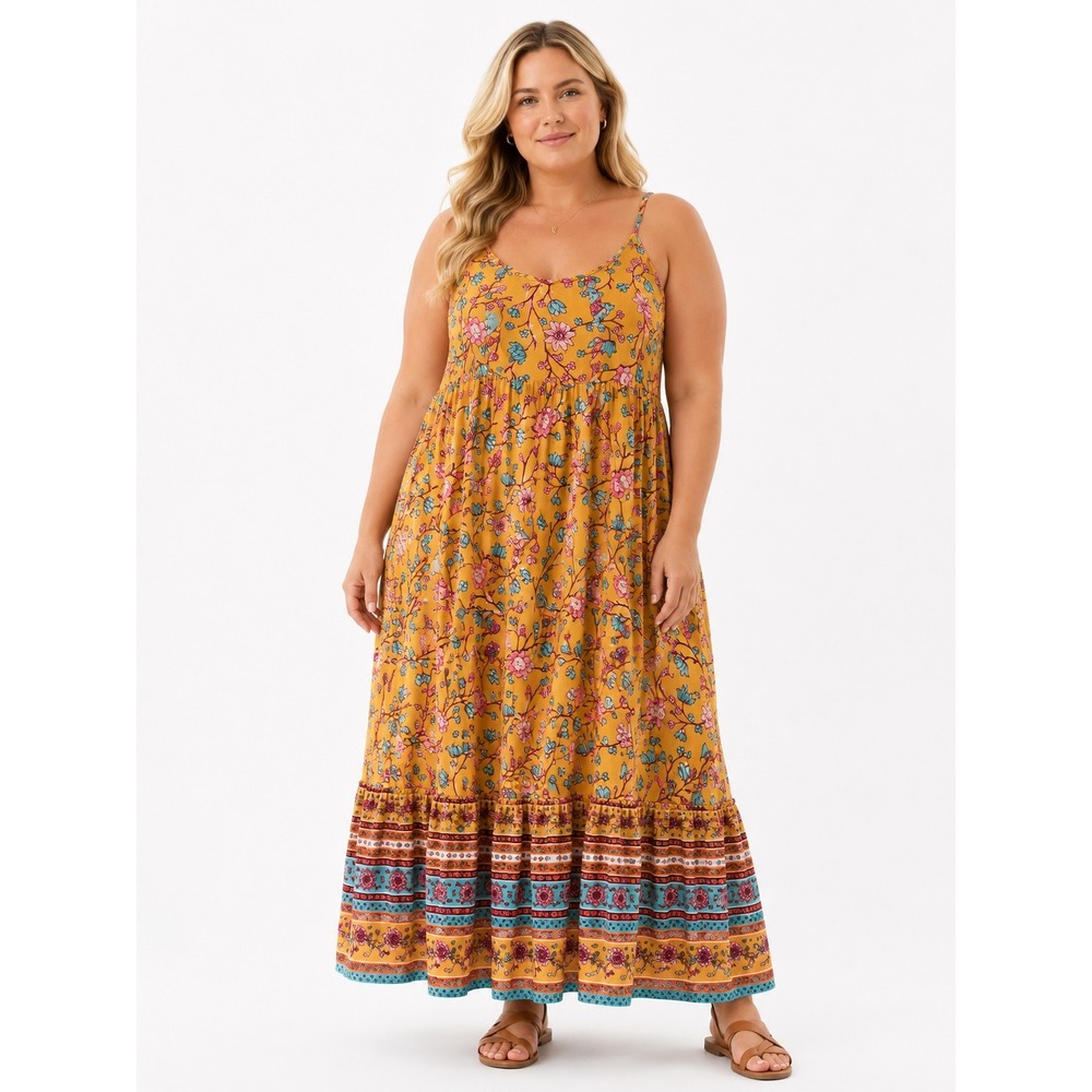 Chances R Mustard Yellow Floral Boho Maxi Dress XL Smocked Back Tiered Ruffle